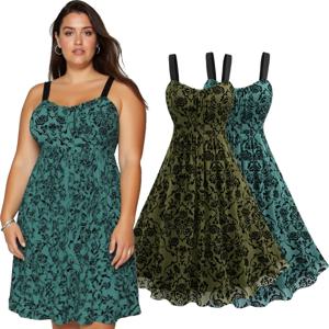 로즈갈 플러스 사이즈 여성 캐주얼 드레스 빈티지 민소매 플라워 레이어드 러치드 메쉬 A라인 드레스