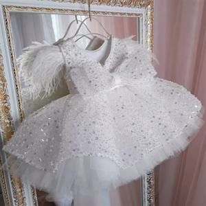 결혼식을위한 스팽글 꽃의 소녀 드레스 빛나는 파란색 된 푹신한 얇은 명주 그물 무릎 길이 활 아이 생일 아기 파티 공 가운