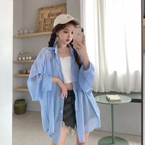 여성용 쉬폰 자외선 차단 셔츠 루즈핏 가벼운 여름 에어컨용 오픈 가디건 긴팔 폴로 칼라 단색