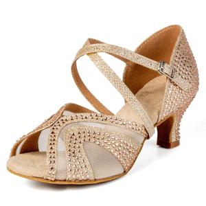 2025 새로운 라틴 댄스 신발 여성을위한 핫 샴페인 다이아몬드 부드러운 바닥 샴페인 컬러 댄스 신발 5.5cm 힐