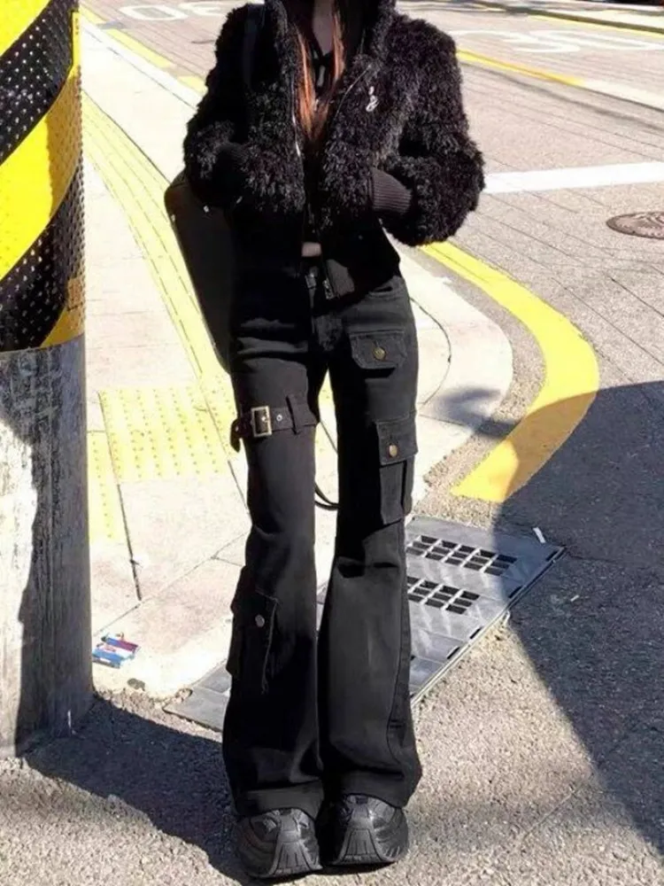 2025 사이버 Y2K 패션 스트랩 디자인 슬림 쌓인 플레어 청바지 바지 여성 의류 멀티 포켓 레이디 바지 Pantalon Femme