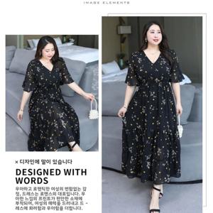 플러스 사이즈 여름 플로럴 프린트 쉬폰 드레스 슬림 웨이스트 히든 벨리 플러스 사이즈 여성용 한국 스타일 브이넥 에이라인 스커트