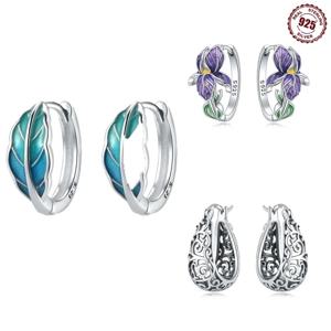 925 스털링 실버 꽃 식물 시리즈 녹지 아이리스 포도 나무 후프 귀걸이 여성을위한 결혼 약혼 생일 보석 선물 2024