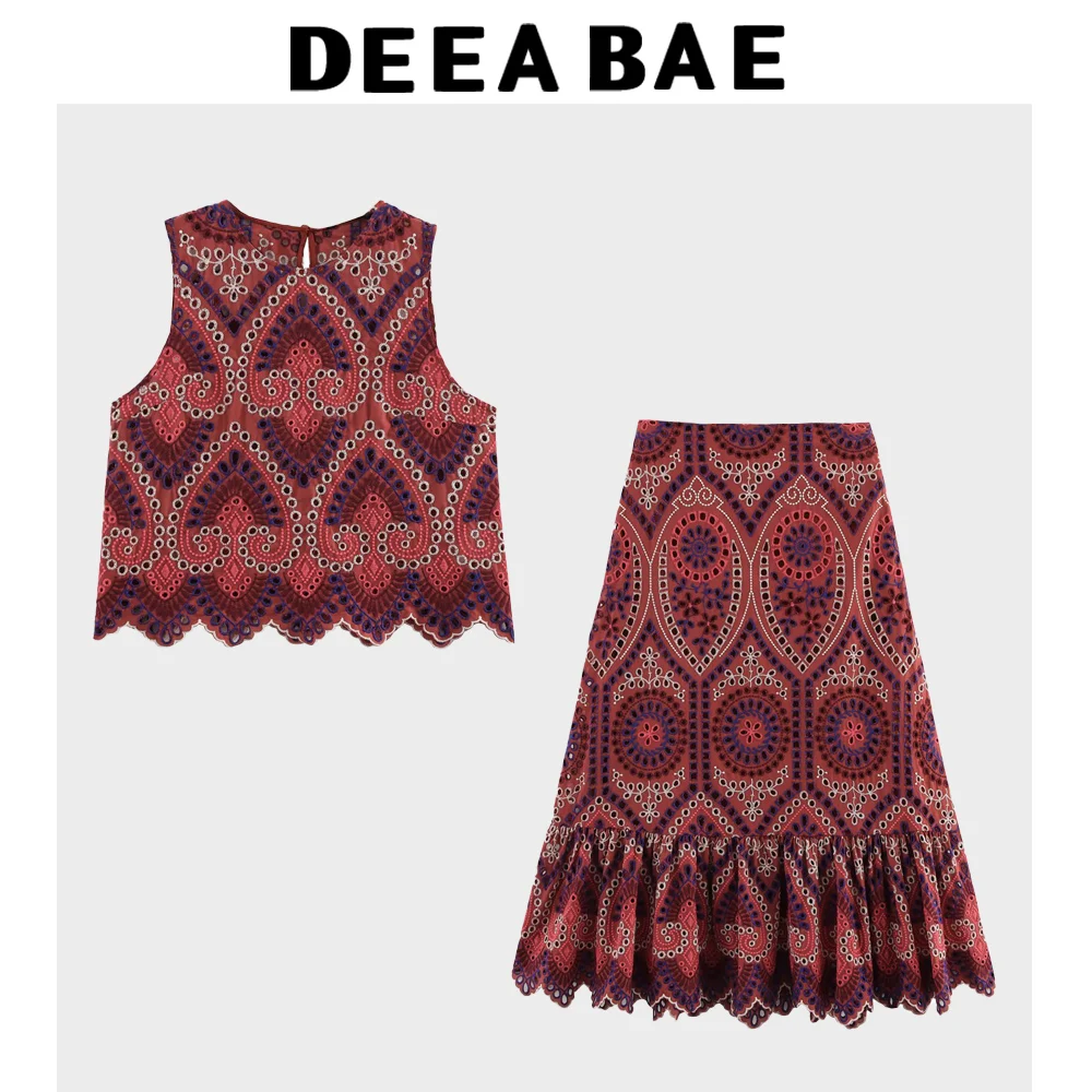 DEEABAE 편안한 라운드 넥 민소매 탑, 하이 웨이스트 레이어드 장식, 속이 빈 자수 미디 스커트