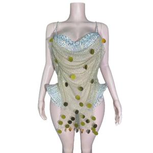 매력적인 다이아몬드 메쉬 생일 파티 드레스 무대 공연 의상 섹시한 서스펜더 그물 드레스 복장 바디 Transparente Flecos