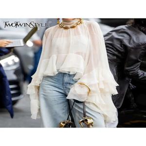 TWOTWINSTYLE 솔리드 스플 라이스 프릴 여성용 루즈 블라우스 I 넥 긴 민소매 기질 Minimalsit Shirts 여성 패션