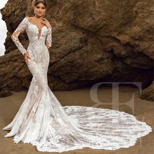 BEBEKEY 긴 소매 레이스 신부 드레스 여성을위한 특종 목 웨딩 드레스 채플 기차 인어 웨딩 파티 가운