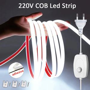 Led 스트립 조명 220V 조광기 IP65 방수 COB Led 스트립, 실내 실외 조명용 자체 접착 유연한 리본 포함