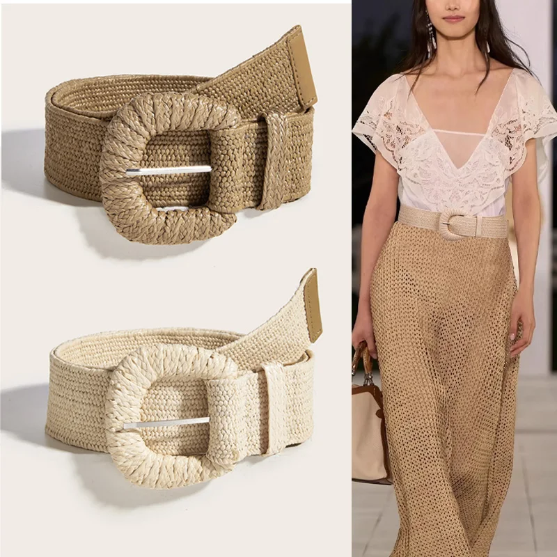 여성용 빈티지 보헤미안 PP 라탄 와이드 롱 벨트, 라운드 스퀘어 버클 장식 드레스용 허리띠