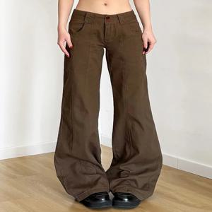 브라운 와이드 레그 여성 청바지 Y2K 그런지 스타일 로우라이즈 배기 데님 팬츠 빈티지 레트로 캐주얼 스트릿웨어 한국 패션 바지