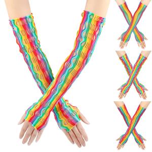 무지개 색상의 메쉬 탄성 긴 소매 댄스 파티 휴일 모임 다채로운 메쉬 짠 긴 장갑