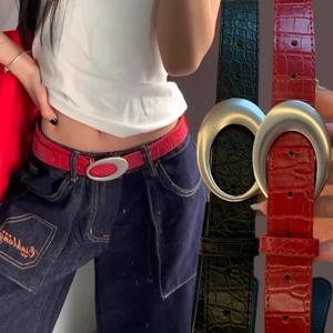 빈티지 미국산 악어 무늬 여성 남성 패션 PU 가죽 펑크 메탈 버클 청바지 팬츠 고급 레드 허리 벨트