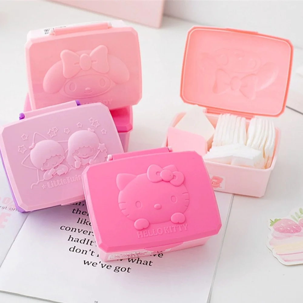 Sanrio 헬로 키티 휴대용 직사각형 상자 멜로디 면봉 면 패드 스티커 밴드 보조 조직 여행 소녀 선물