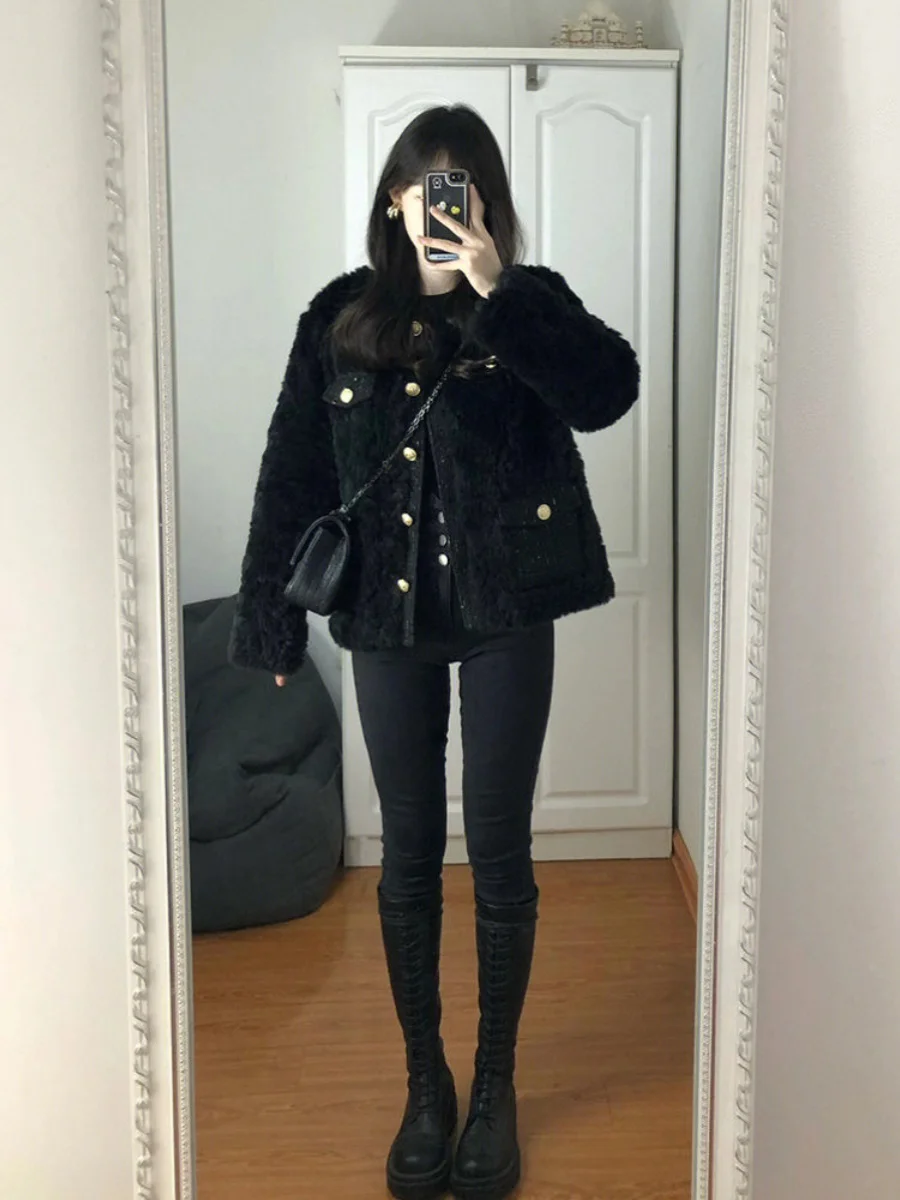 블랙 양털 재킷 여성용 한국 스타일 겨울 코트 여성스러운 면 의류 소형 사이즈 패셔너블한 여성 코트