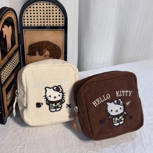 헬로 키티 코듀로이 메이크업 가방 수 놓은 여행 화장품 주머니 휴대용 귀여운 세면 용품 주최자 그녀를위한 핸드 캐리 선물