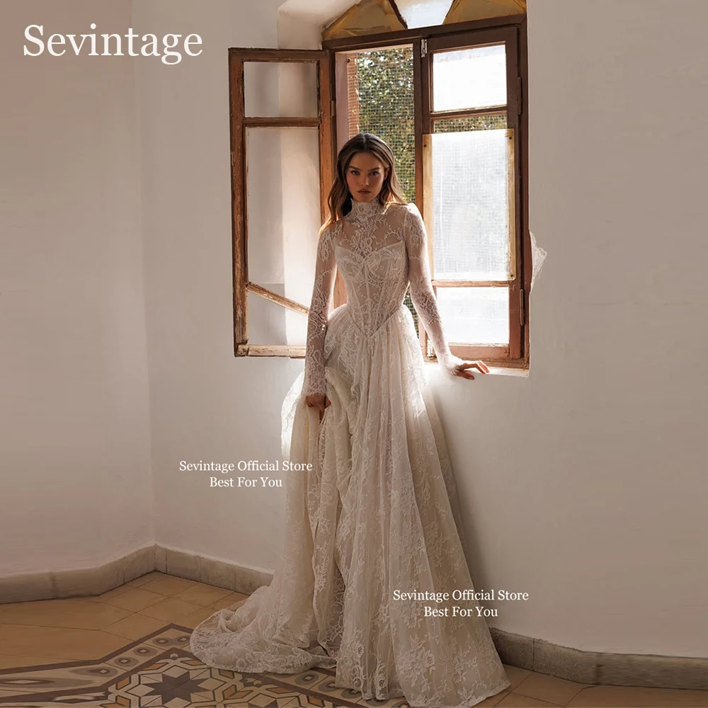 세빈티지 풀 레이스 아이보리 웨딩드레스 하이 칼라 롱 슬리브 브라이덜 가운 플로어 기장 A라인 웨딩드레스 2025 맞춤 제작