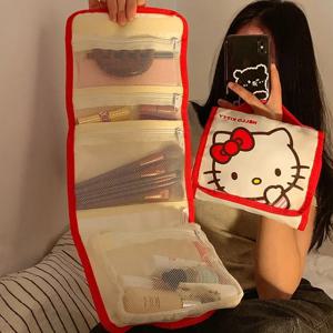 Kawaii Sanrio 가방 헬로 키티 Kuromi 대용량 접이식 만화 메이크업 가방 귀여운 여행 휴대용 화장품 브러쉬 보관 가방