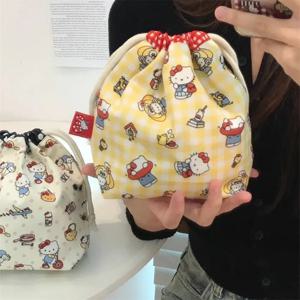 헬로 키티 귀여운 만화 Drawstring 대용량 파우치 인쇄 패브릭 화장품 주최자 여행 레트로 스타일 잡화 주머니
