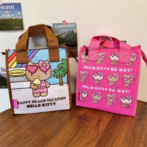 새로운 여름 귀여운 검은 가죽 하와이안 헬로키티 로즈 레드 절연 가방 만화 휴대용 피크닉 과일 도시락 상자 핸드백 선물