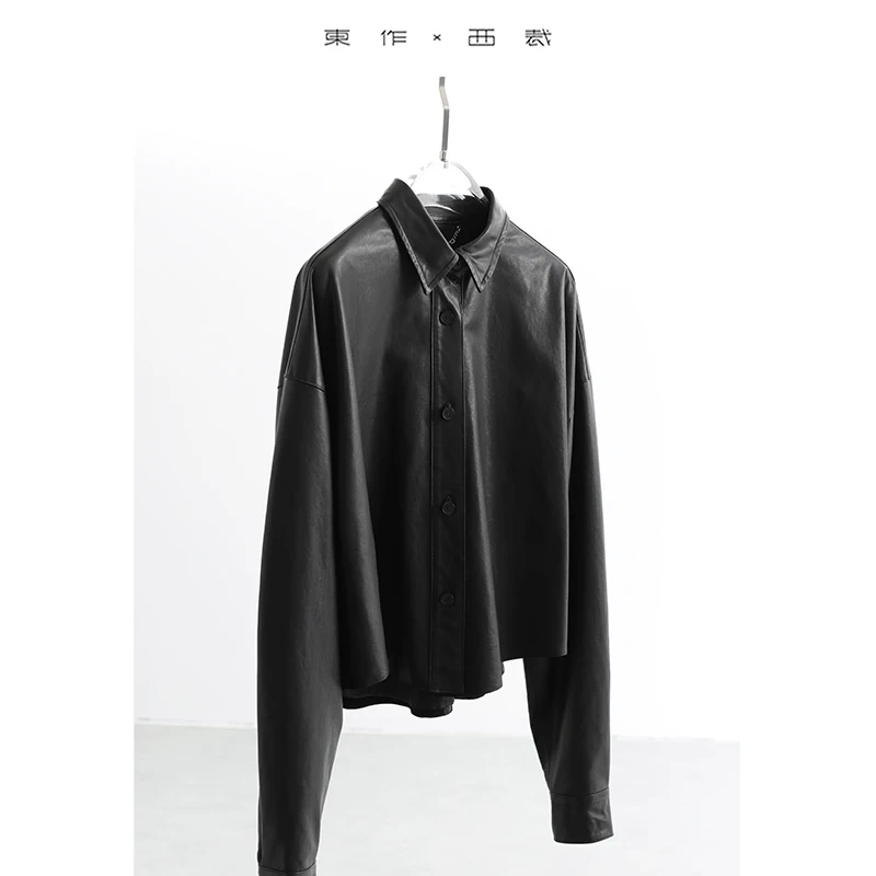 부드럽고 윤기 있는 염소 가죽 ~ 뿔 단추 천연 가죽 아우터 라펠 긴팔 케이프 타입 숏 여성 아우터 탑 2025 가을 겨울 신상