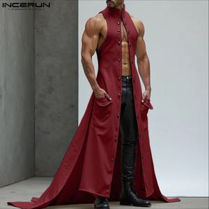INCERUN 남성 롱 스타일 조끼 스탠드 칼라 민소매 버튼 패션 남성 조끼 streetwear 솔리드 2025 불규칙한 조끼 S-5XL