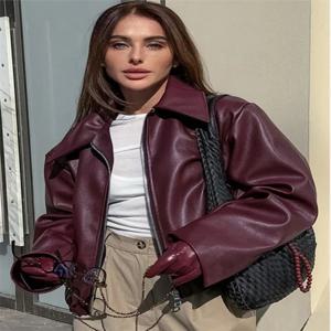 레트로 와인 레드 가죽 바이커 재킷 여성용 스트리트 스타일 긴 소매 바이커 코트 개성 있는 여성용 PU 가죽 재킷