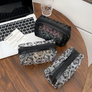 블랙 메쉬 헬로 키티 메이크업 가방 - 대용량의 귀여운 휴대용 화장품 파우치, 여행용 내구성 정리함