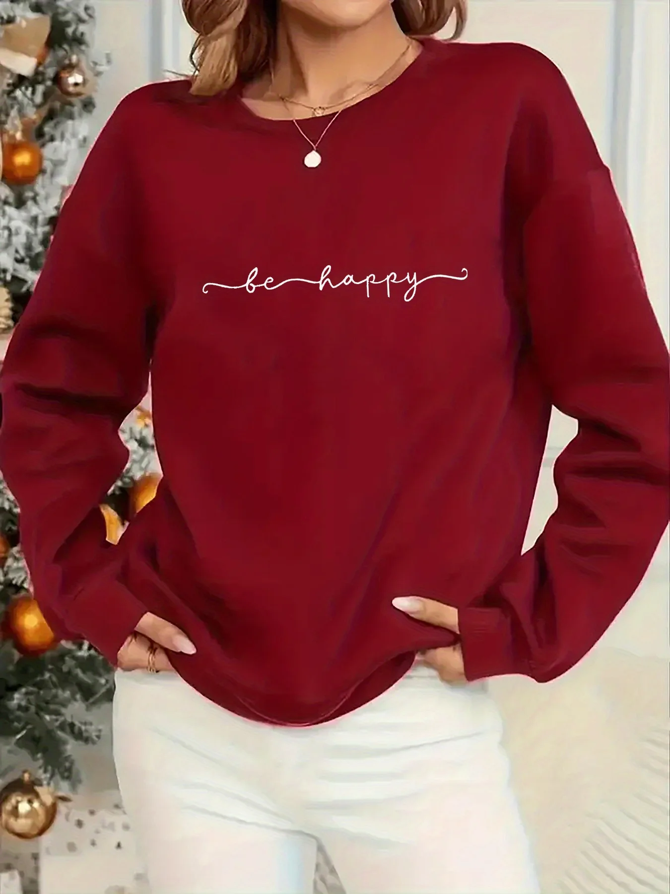 여성 캐주얼 하트 프린트 풀오버 스웨트 기하학 디자인 긴 소매 라운드 넥 기계 세탁 가능 일반 Fit for Autum