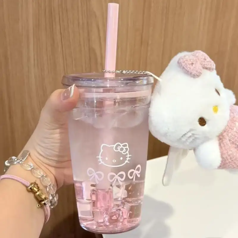 Sanrio 헬로 키티 핑크 밀짚 컵 대용량 투명 플라스틱 워터 컵 Kawaii 플라스틱 학생 휴대용 컵 생일 선물