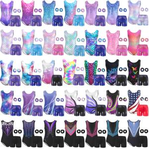 여아 체조 레오타드 반짝이는 4피스 댄스 유니타드, 유아용 운동복, 짧은 바지 포함