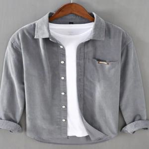 남성용 긴팔 코듀로이 셔츠 단색 캐주얼 탑 포켓 손수건 봄 가을 시즌 일본 스타일 의류
