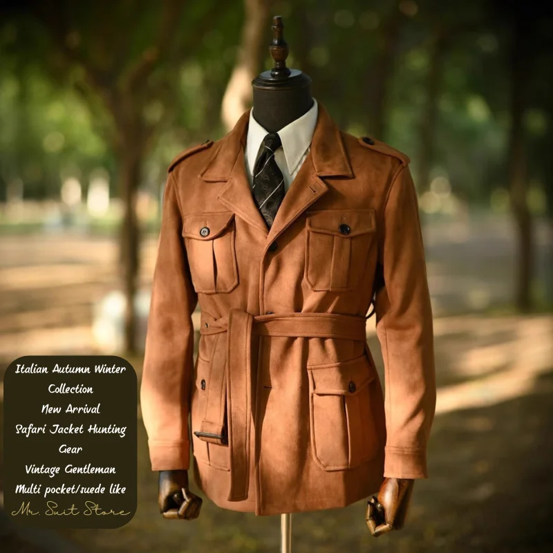 헌팅 재킷 영국 남성용 재킷 어깨 끈이 있는 비즈니스 따뜻한 출퇴근용 레트로 멀티 포켓 스웨이드 느낌의 라펠 수트 재킷
