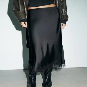 달콤하고 세련된 레이스 트림 실크 새틴 질감 미디 스커트 여성 의류 가을 신상품 무대 의상 민족 의상