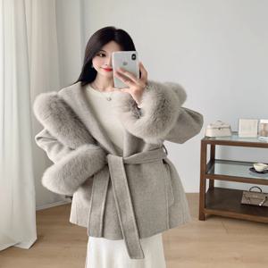 2025 가을 겨울 신상 여우털 후드 양모 양면 울 코트 중간 길이 울 코트 여성용 상하이 투사