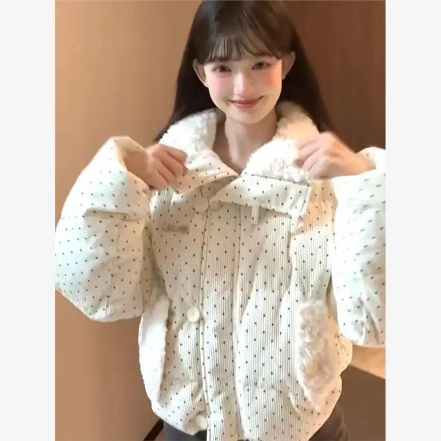 여성용 물방울무늬 면 재킷 두꺼운 루즈핏 퍼 칼라 겨울 외투 달콤한 신상 한국 스타일 브레드 코트