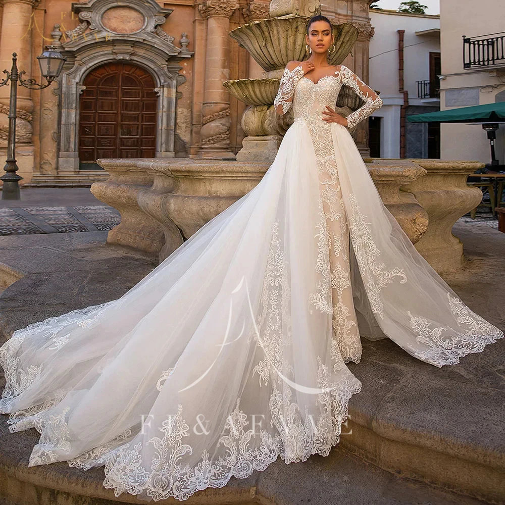 FL&AEVVE 스쿠프 넥 버튼 업 긴 소매 아플리케 탈부착 가능한 트레인이 있는 2피스 인어 웨딩 드레스 맞춤 제작