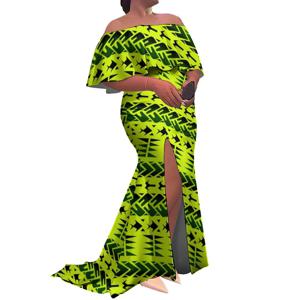 공장 도매 맞춤형 하와이 여성용 피쉬테일 드레스 및 뉴질랜드 드레스 러플 오프숄더 스플릿 머메이드 맥시 드레스