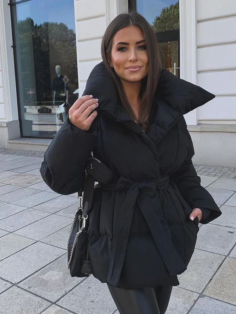 단색 라펠 타이드 코튼 코트 여성 패셔너블 긴 소매 허리 조임 따뜻한 재킷 여성 캐주얼 출퇴근 겨울 외투