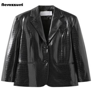 Nerazzurri 여성용 블랙 반사 악어 프린트 가죽 블레이저 재킷, 긴팔 소프트 루즈 캐주얼 한국 패션, 봄