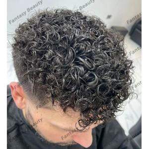 블랙 내추럴 루즈 컬 곱슬 남성 가발, 18mm, 튼튼하고 얇은 피부, 전체 Pu 기반 남성 인모 보철물 시스템, 자연스러운 헤어라인