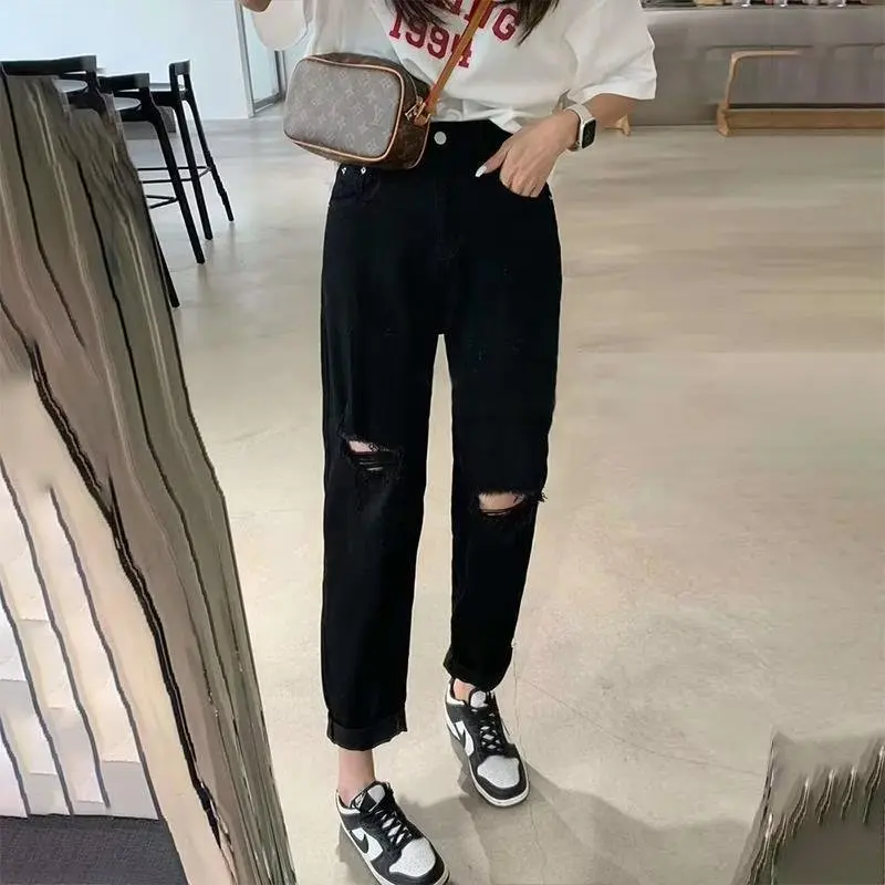 하이웨이스트 찢어진 스키니 진 여성 여름 얇은 루즈핏 신축성 플러스 사이즈 블랙 나인 포인트 스트레이트 팬츠 작은 체형용