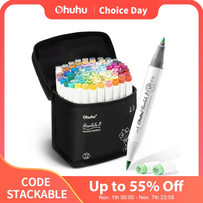오후후 호놀룰루 B 마커 펜 세트, 컬러 마커, 알코올 아트 마커, 리필 가능한 듀얼 팁, 스케치 드로잉 만화, 학교 용품