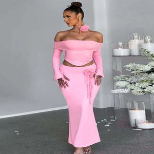 TARUXY 플라워 바디콘 스커트 세트 여성용 슬림 섹시 백리스 레이스업 상의, 우아한 파티 드레스, 2 피스 정장 의상