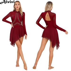 여자 피겨 스케이팅 복장 긴 소매 라인 석 쉬어 메쉬 레오타드 드레스 발레 체조 서정적 댄스를위한 댄스웨어