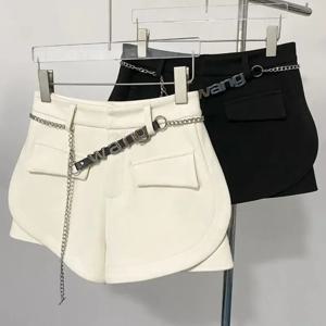 Pantalones Cortos De Mujer 여성용 패치 워크 반바지 New Bottoms 레터 체인 하이 웨이스트 슬림 피트 한국 모직 바지