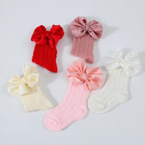 신생아 큰 나비매듭 머리띠 할로우 아웃 긴 양말, 부드러운 솔리드 프리워커 양말, 여아 유아 니트 머리띠 양말, 1 세트
