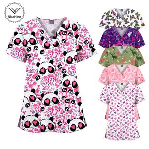 의료용 프린트 유니폼 패셔너블한 만화 스크럽 탑 여성 남성 의사 간호사 병원 액세서리 반팔 셔츠 도매