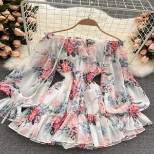 여성용 비치 점프수트 롬퍼, 슬래시 넥, 섹시한 오프 숄더, 버블 슬리브, 슬림 쉬폰 프린트, 꽃 반바지 바지, 플레이수트, 여름