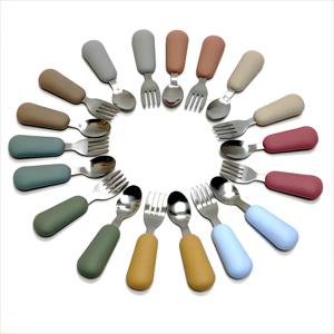 어린이 포크 스푼 세트 아기 포크 스푼 짧은 손잡이 스테인레스 스틸 실리콘 포크 스푼 아기 보충 포크 스푼