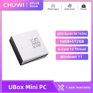CHUWI UBox 미니 PC AMD Ryzen R5-7430U 6코어 12스레드 16GB DDR4 512GB SSD 윈도우 11 Wi-Fi 6 BT5.2 데스크탑 컴퓨터 미니 PC